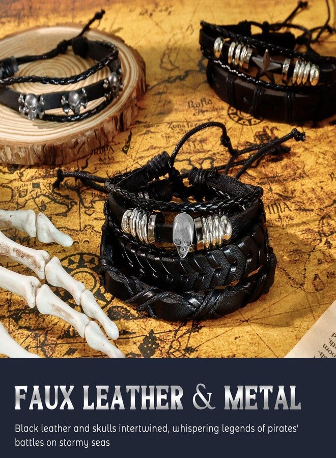 JOLYEAK Punk Leather Rivets Bracelets Punk Rock Leather Studded Bracelets 80s Wristband Emo Gothic Spike Cuff Bracelet Set for Men Women Rocker Outfits Skull Bracelet (Black Skull-6PCS) - Image 4
